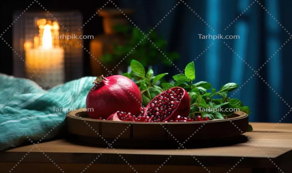 شکلات داغ مولد هوش مصنوعی با انار و مارشمالو در پسزمینه چوبی