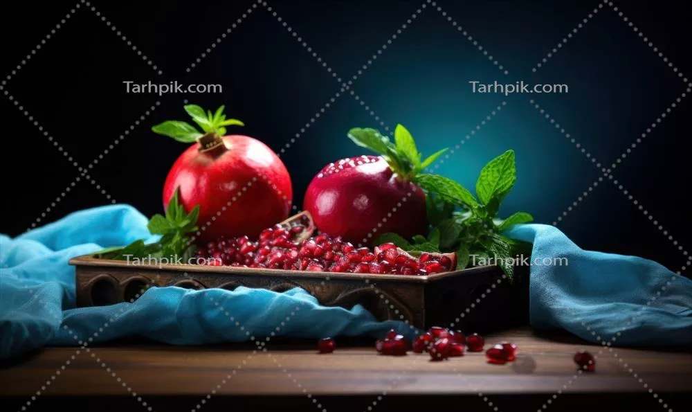تصویر پومگردن رسیده تولیدشده با هوش مصنوعی بر روی پسزمینه چوبی با تمرکز انتخابی