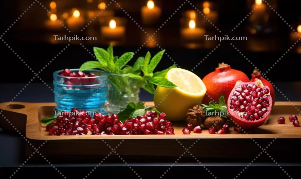 زیبایی انار رسیده تولید شده با هوش مصنوعی بر روی پس زمینه چوبی با تمرکز انتخابی