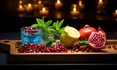 زیبایی انار رسیده تولید شده با هوش مصنوعی بر روی پس زمینه چوبی با تمرکز انتخابی