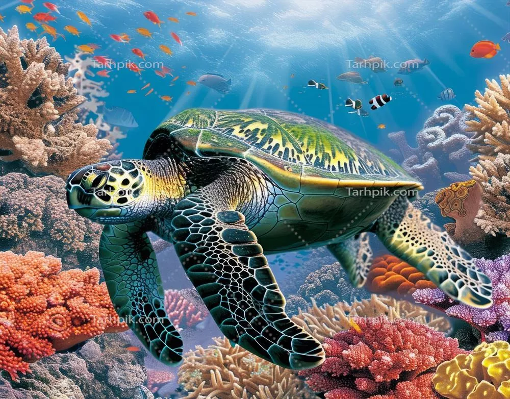 تصویر سه بعدی تولید شده با هوش مصنوعی از دنیای زیر آب با لاک پشتها و مرجانهای زنده