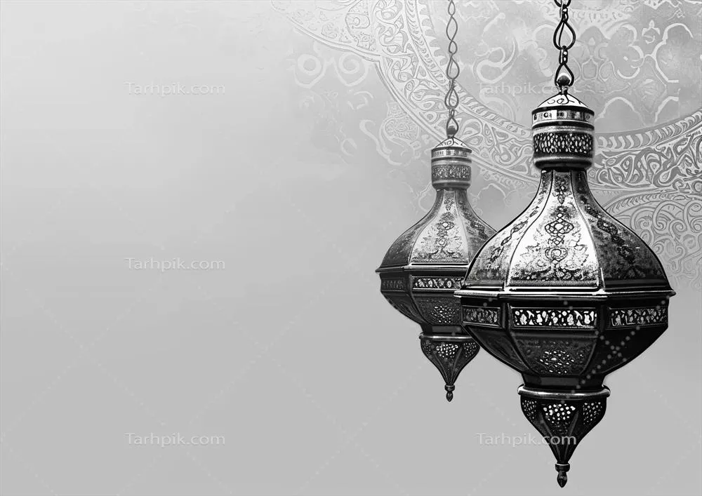 کارت تبریک زیبای ماه رمضان با طراحی سیاه و سفید و متن عربی