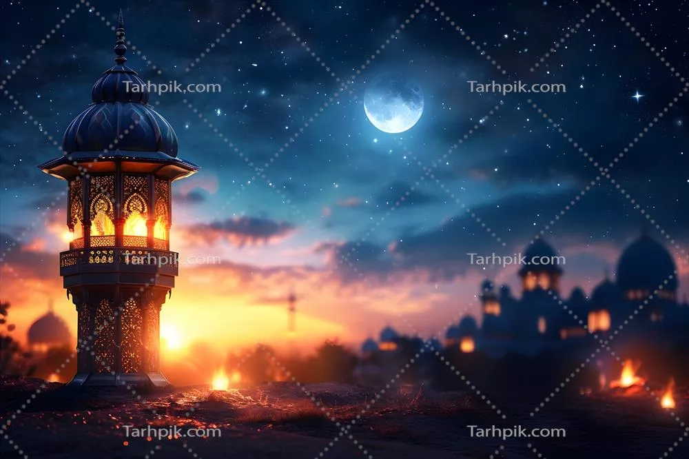 فانوس های رمضان تولید شده با هوش مصنوعی در شب با ماه و مسجد در پس زمینه