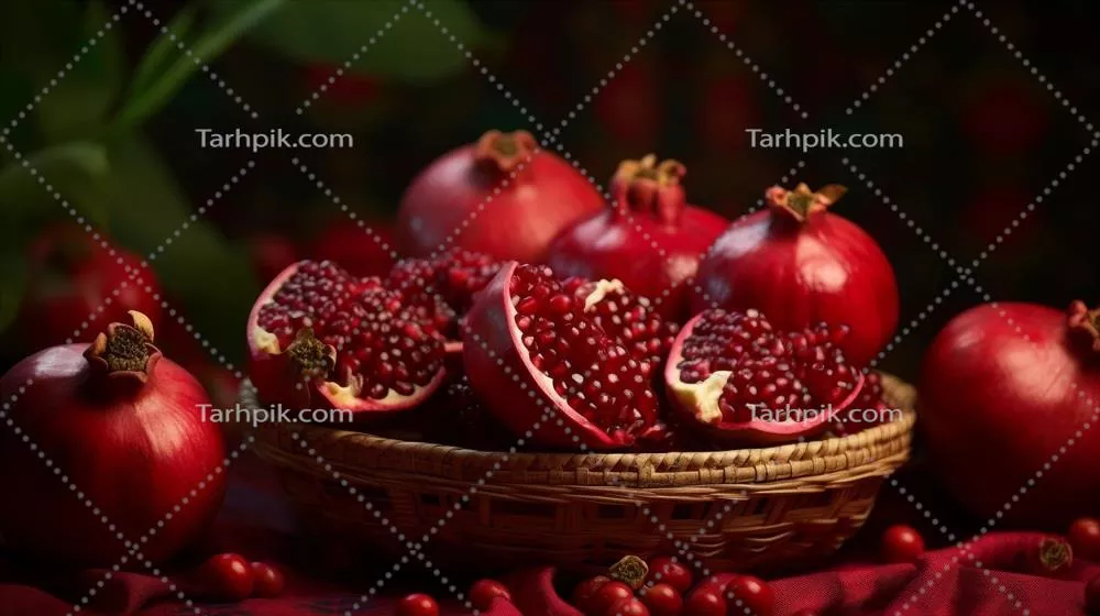 زمینه مخملی غنی تولید شده با هوش مصنوعی و سبدی از انارهای قرمز