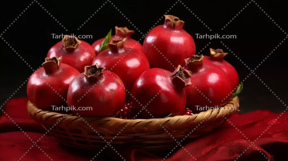 رندر کامپیوتری انارها بر روی زمینه مخملی در یک سبد شیک و جذاب