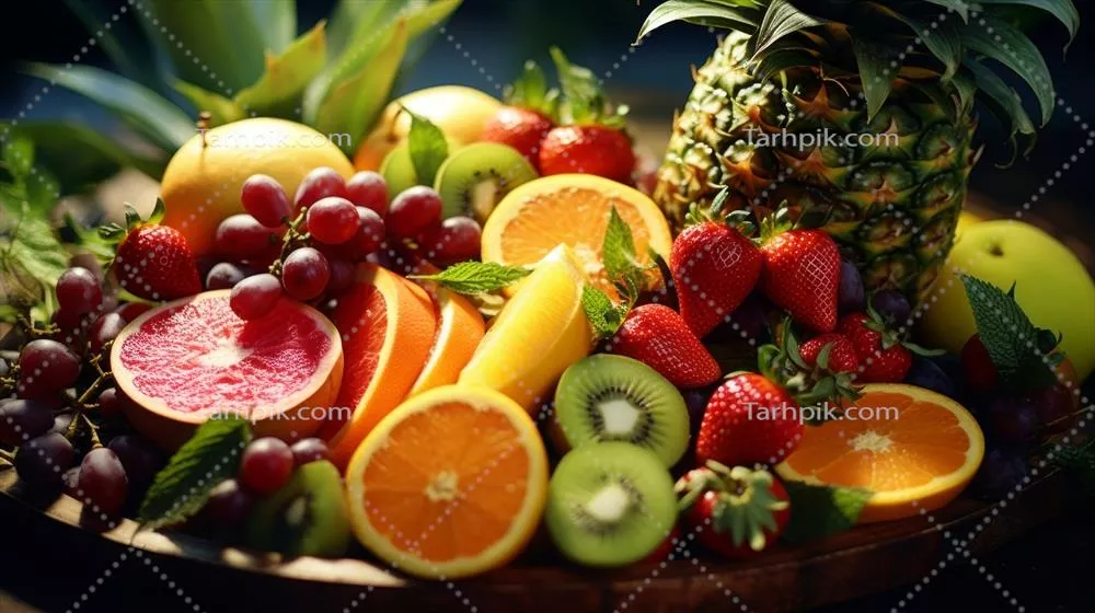 پلاستری از میوه های عجیب و غریب ساخته شده با هوش مصنوعی به همراه رنگ های زنده و جذاب