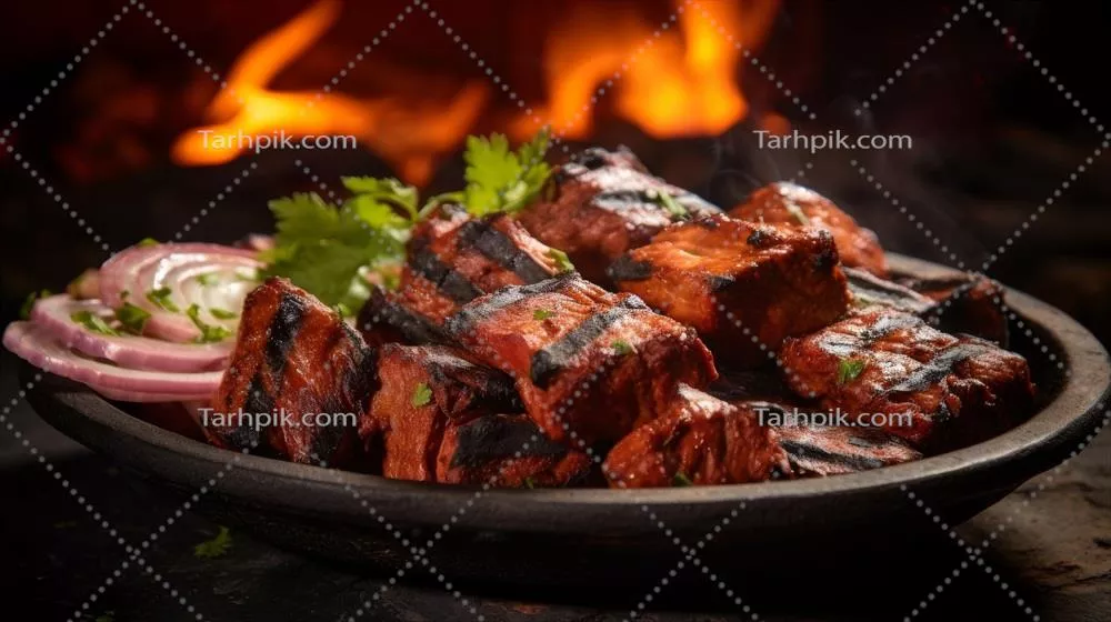سیخ کباب تندوری داغ و لذیذ تولید شده با هوش مصنوعی روی صفحۀ تنوری