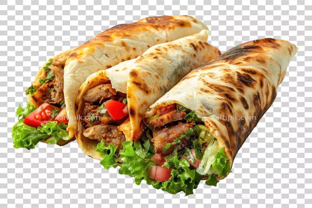 شاورماهای لذیذ تولید شده با هوش مصنوعی همراه با گوشت و سبزیجات بر روی پس‌زمینه شفاف