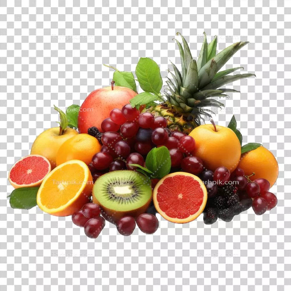 میوه‌های تابستانی تازه تولید شده با هوش مصنوعی شامل سیب، انگور، توت، گلابی و زردآلو
