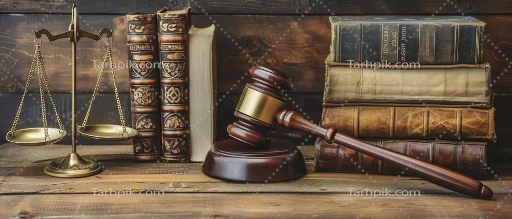 نمادهای هوش مصنوعی شامل چکش قانون، ترازوهای عدالت و کتابهای حقوقی - نمایانگر اقتدار و دانش قانونی