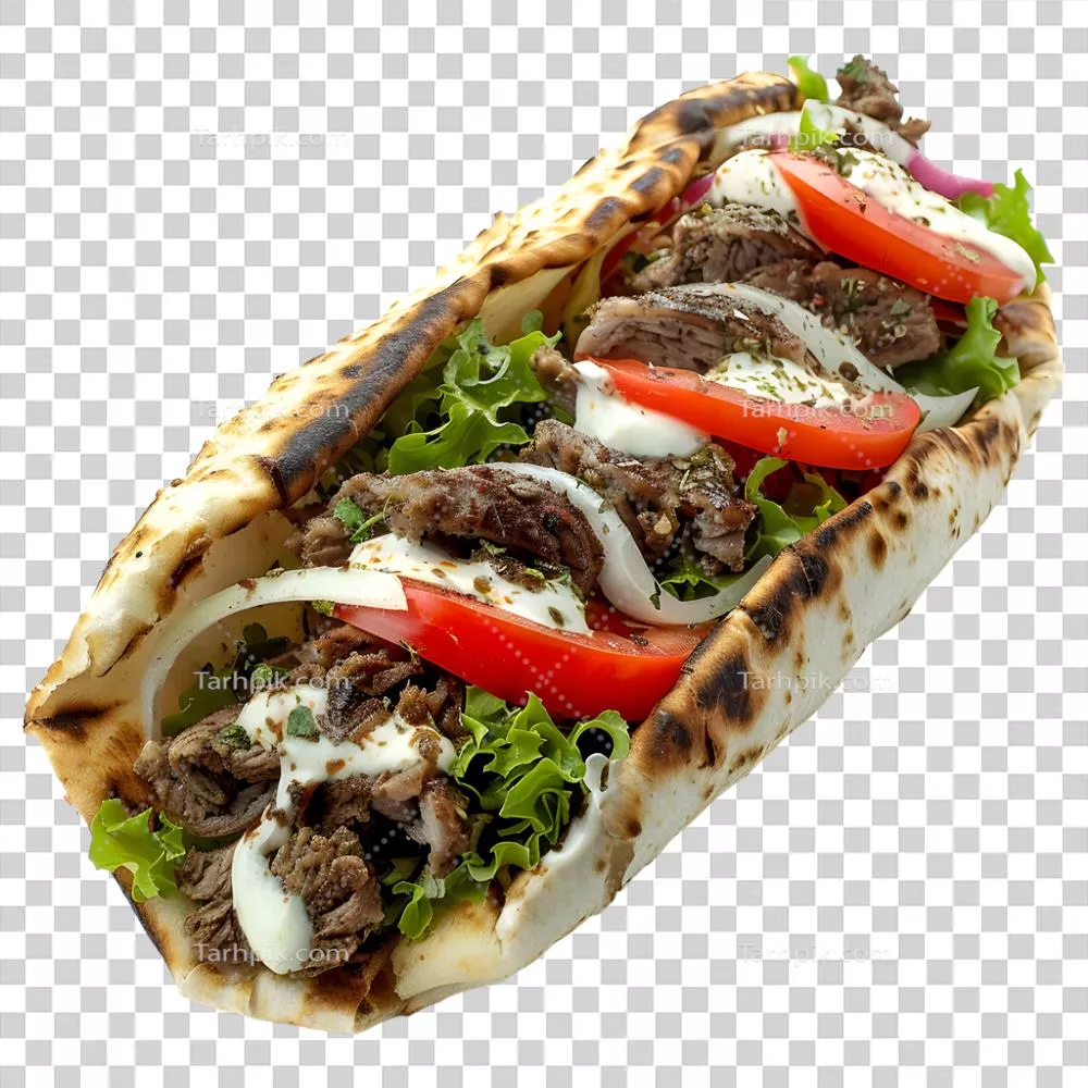 رندر سه بعدی تولید شده با هوش مصنوعی از پیتا، شاورما یا wrap بر روی پس زمینه شفاف
