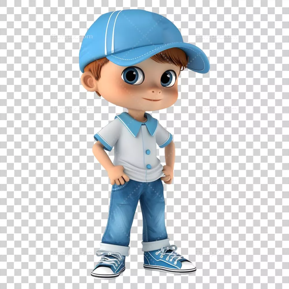 رندر سه بعدی تولید شده توسط هوش مصنوعی از کاراکتر کارتونی پسر ناز با کلاه در پس زمینه شفاف
