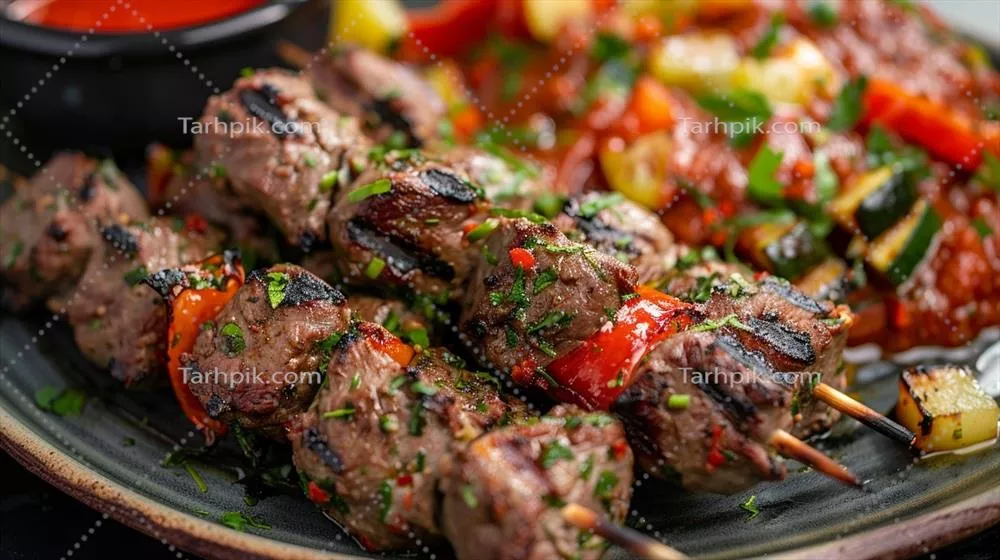 یک بشقاب کباب کوبیده بره با سبزیجات و یک کاسه