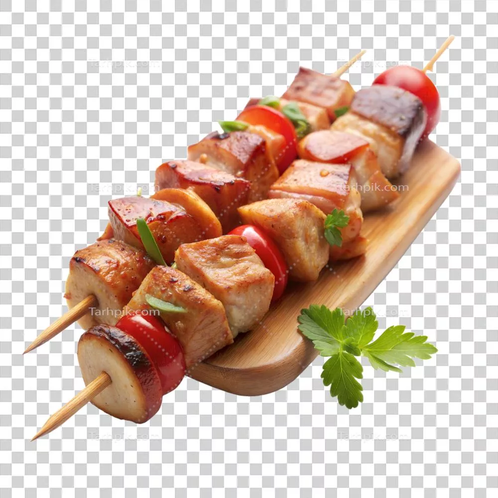 سیخ کباب مرغ آبدار و سبزیجات روی تخته چوبی با طعم دلپذیر