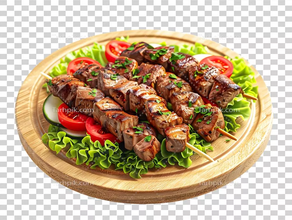 کباب گوشت با سبزیجات بر روی زیرپایه چوبی – تصویرسازی ۳بعدی