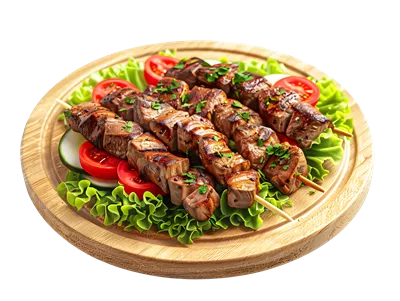 کباب گوشت با سبزیجات بر روی زیرپایه چوبی – تصویرسازی ۳بعدی