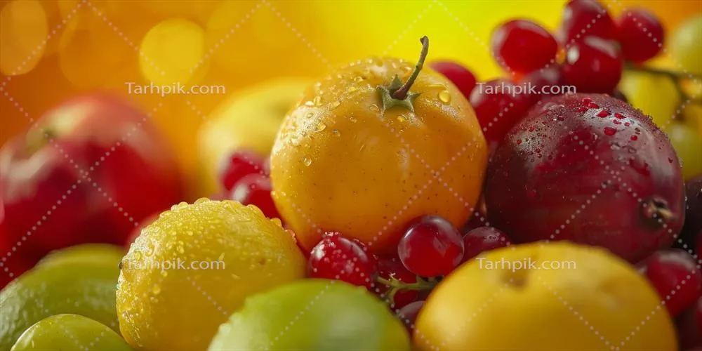 متن متنوع میوهها، توتها و مرکبات با رنگها و بافتهای جذاب