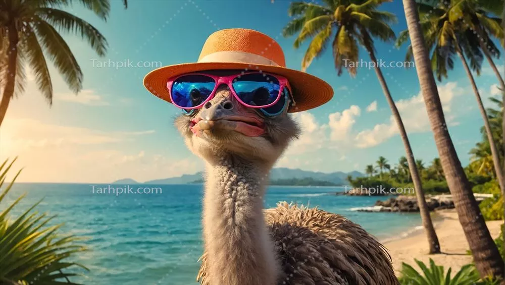 کاریکاتور طوطی شترمرغ با عینک و کلاهی در ساحل دریا