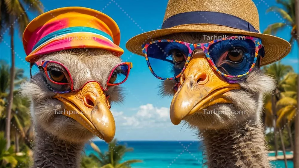 طرح کارتون شترمرغ با عینک و کلاه در کنار ساحل برای طراحی