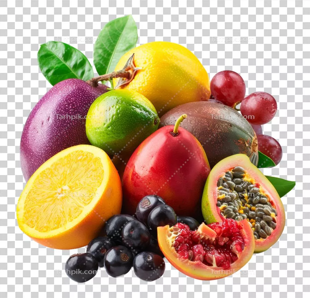 ترکیب شگفت‌انگیز و رنگارنگ میوه‌های گرمسیری بر روی پس‌زمینه شفاف
