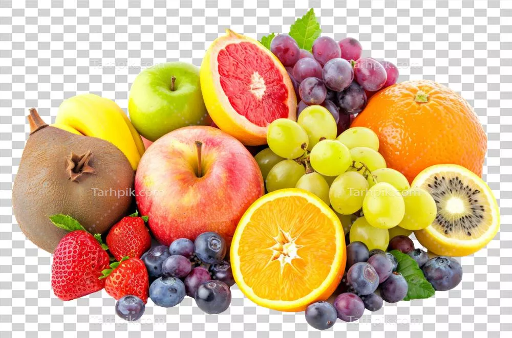 ترکیب رنگارنگ از میوه‌ها شامل سیب، پرتقال و انگور