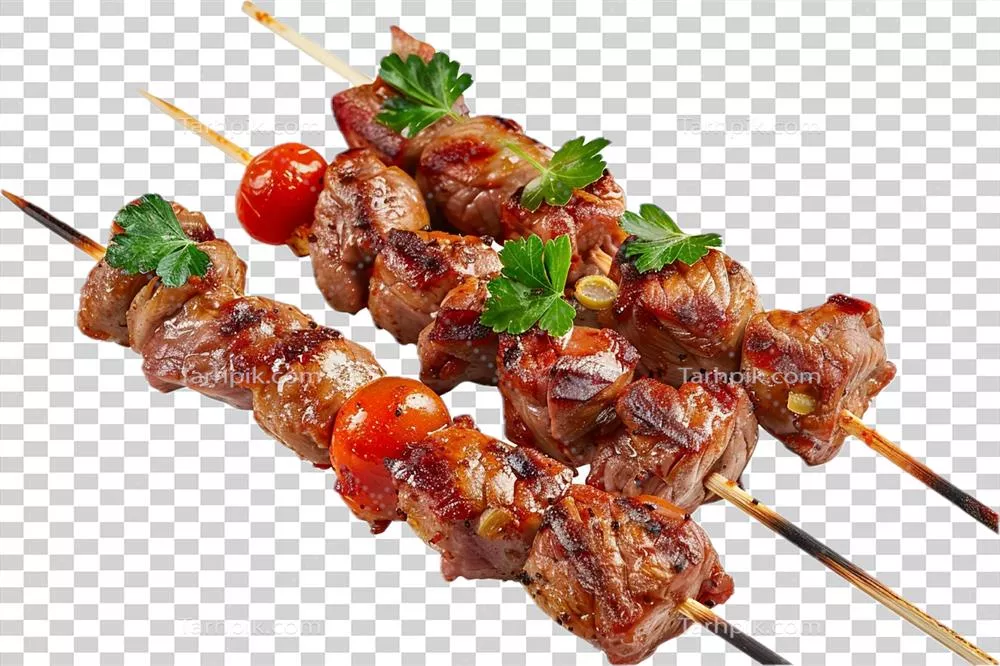 سیخ کباب گوشت گوسفندی کبابی با رزماری و گوجه فرنگی‌های تازه