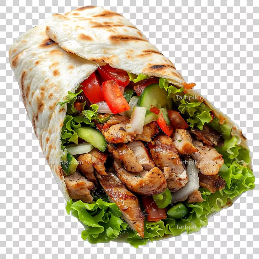 برگر پیتا شاورما با مرغ بر روی پس زمینه شفاف