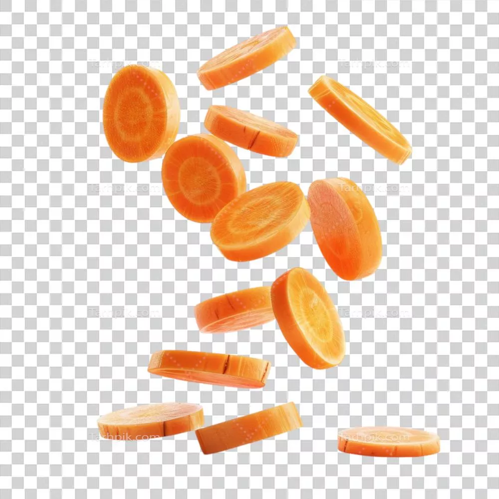 چپهای هویج در هوا در حال سقوط بر روی یک پسزمینه شفاف با استفاده از هوش مصنوعی تولیدی