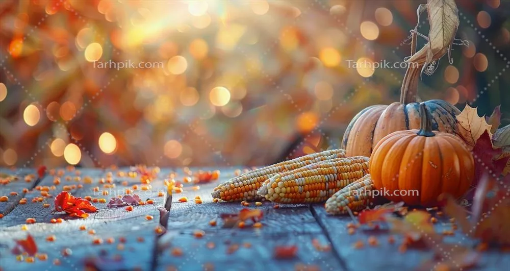 دکور پاییزی با کدو تنبل و ذرت بر روی میز چوبی در میان برگ‌های رنگارنگ
