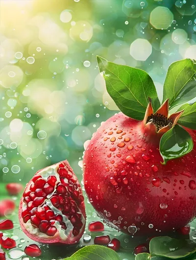 میوههای انار قرمز زیبا با قطرات آب و شبکه عصبی