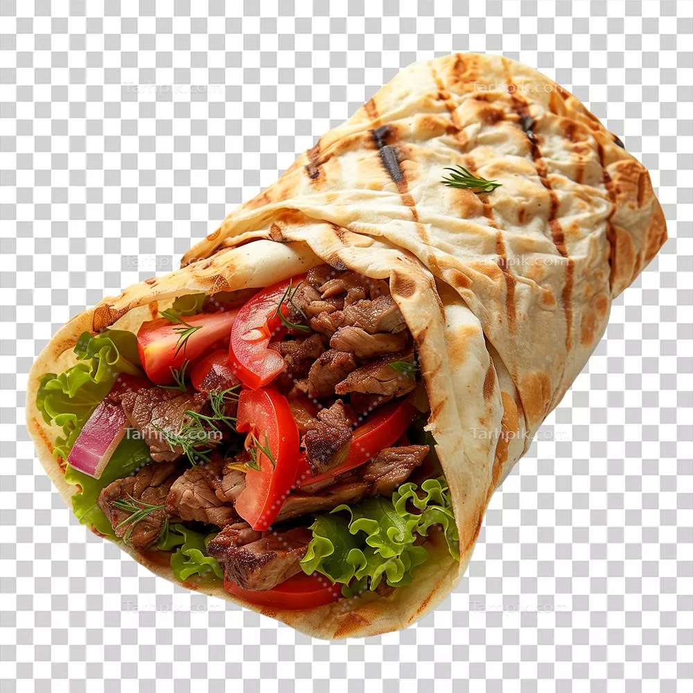 سیخ کباب دونر لذیذ با سبزیجات تازه بر روی پسزمینه شفاف