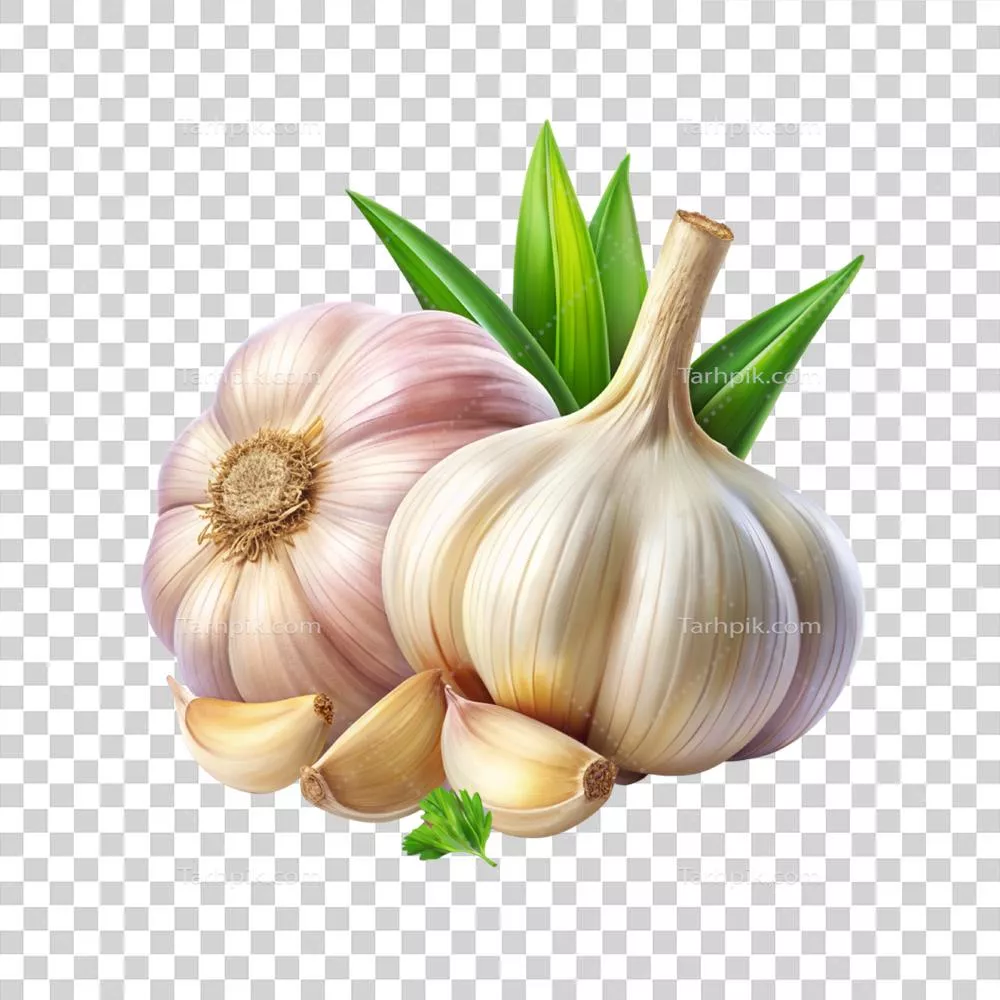 سیر تازه با ریشه و برش خورده به همراه برگ های آن در حالت جداگانه