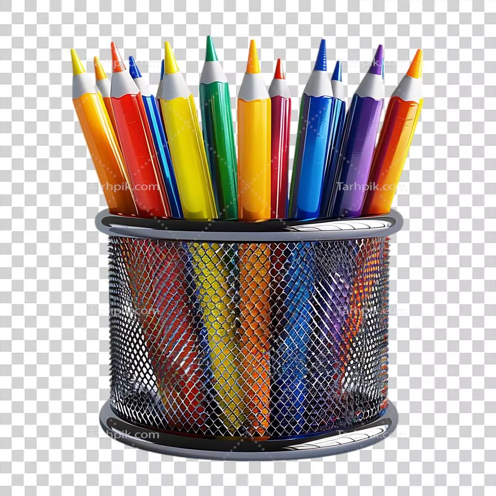 تصویرسازی سهبعدی از مدادهای رنگی در محفظه فلزی به صورتی جذاب و دلنشین