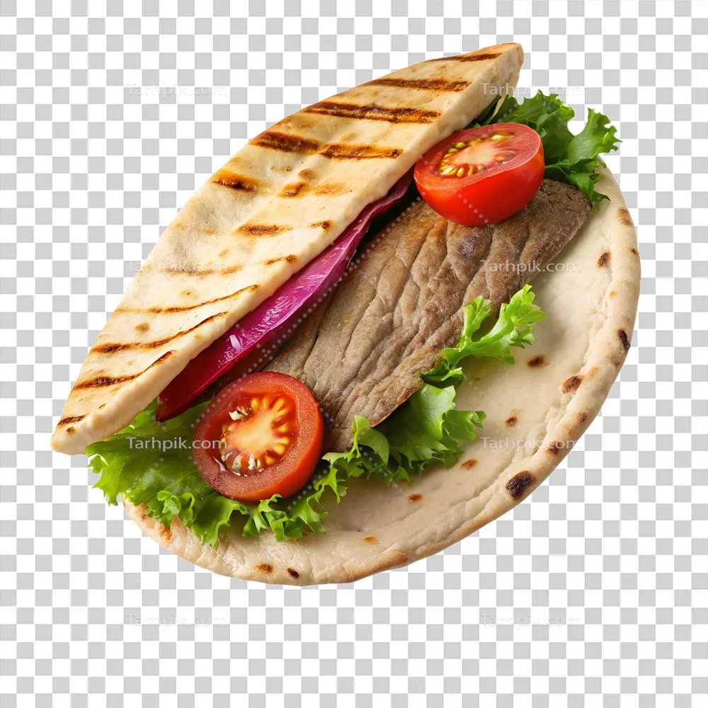 ساندویچ خوشمزه پیتا با گوشت گریل شده، کاهو تازه، گوجهفرنگی و پیاز - ایدهآل برای ناهار یا یک میانوعده سالم