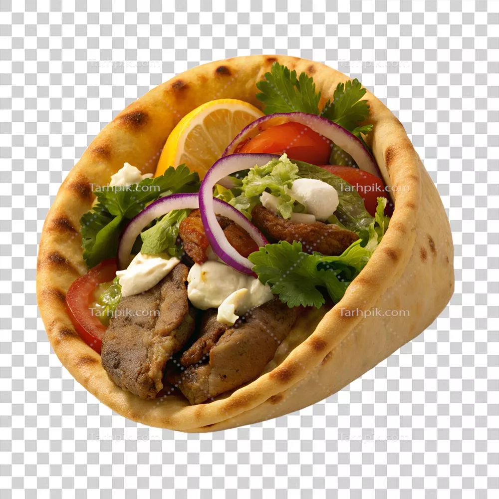 لور گریل لذیذ با گوشت خوشمزه، سبزیجات تازه و سس تزاتزیکی در نان پیتا گرم مناسب برای ناهار یا میان وعده سریع