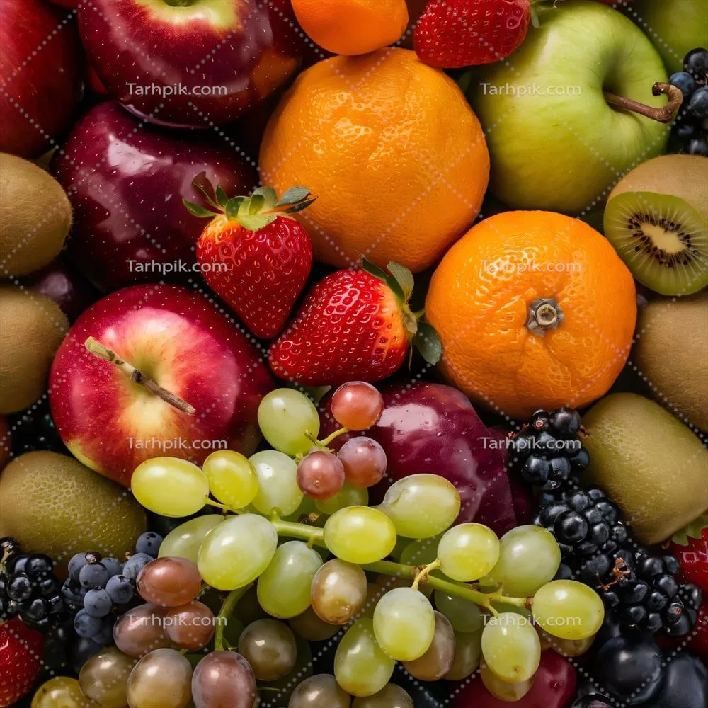 میوههای تازه و متنوع برای تغذیهی سالم و مناسب با پسزمینهای رنگارنگ