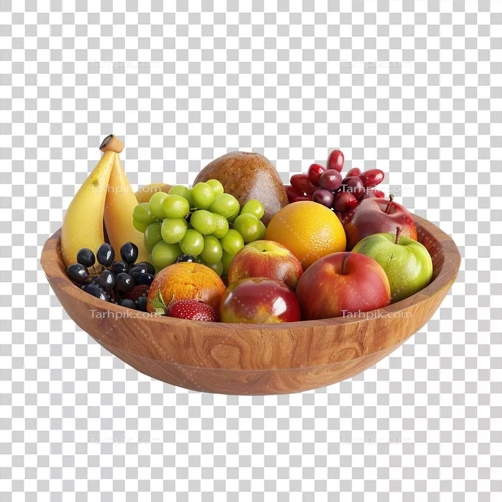 کاسه چوبی پر از میوههای تازه و رنگارنگ برای یک تغذیه سالم