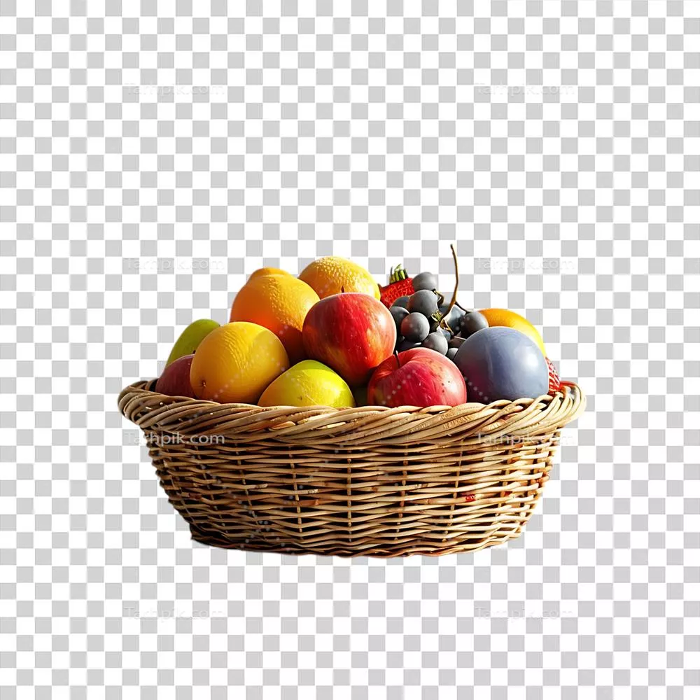 تصویر واقعی از سبد حصیری پر از میوه‌های تازه در سبک طبیعت بی‌جان