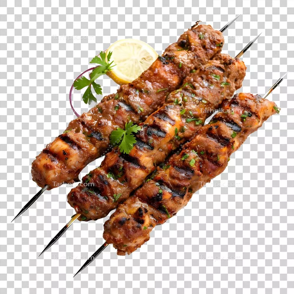 سیخ کباب مرغ بر روی پس زمینه شفاف با جزئیات بالا و اشتهاآور