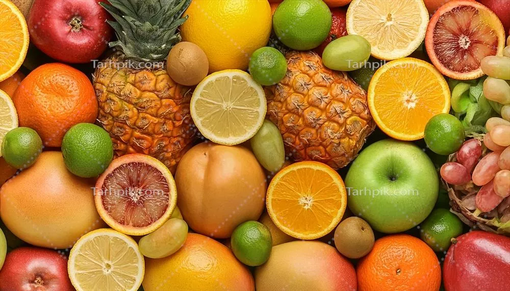 تصویری زیبای نزدیک از الگوی متنوع میوهها و سبزیجات با جزئیات جذاب