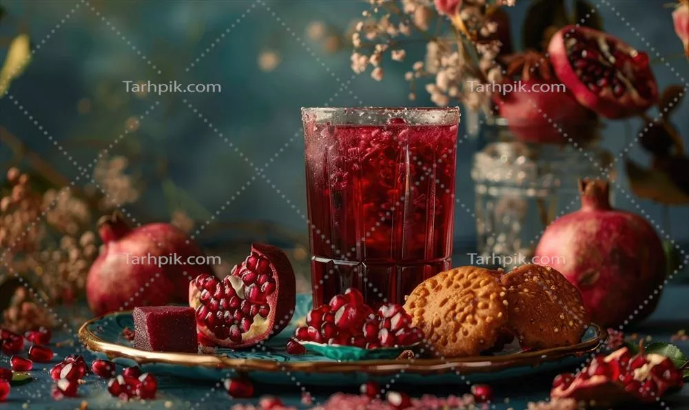 لیوان آب انار با مجموعهای از آبنباتهای انار خوشمزه و رنگی