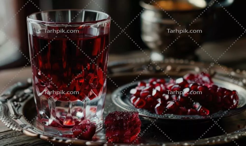 نوشیدنی آب انار تازه در لیوان و دانه‌های انار خوشمزه
