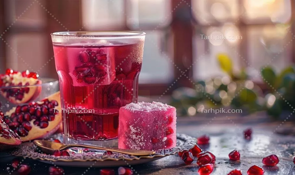 عصاره انار تازه در لیوان و دانه‌های خوش‌طعم انار