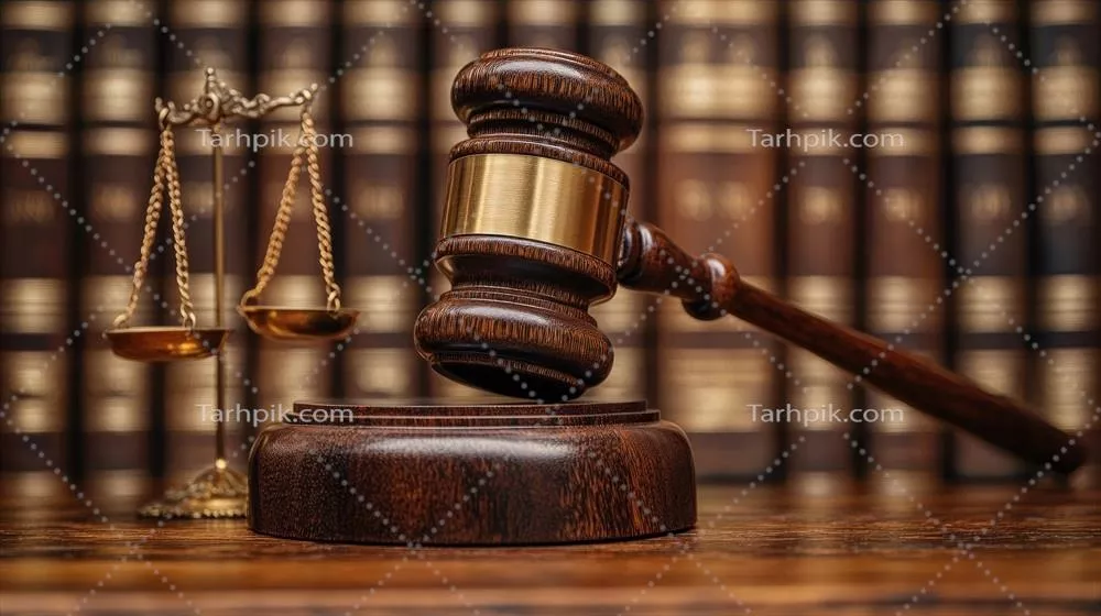 چکش چوبی بر روی بلوک صدا و ترازوی عدالت در کتابخانه حقوقی