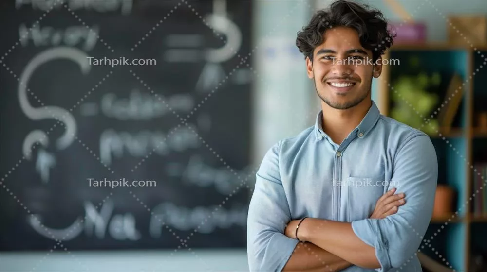 معلم جوان و با اعتماد به نفس با لبخندی گرم در کلاس درس متنوع و آموزشی