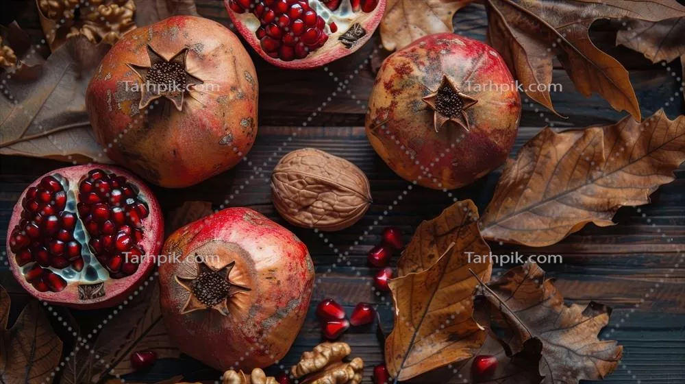 برداشت شاداب پاییزی انارها در میان برگ‌ها و مغزها بر روی میز چوبی کهنه