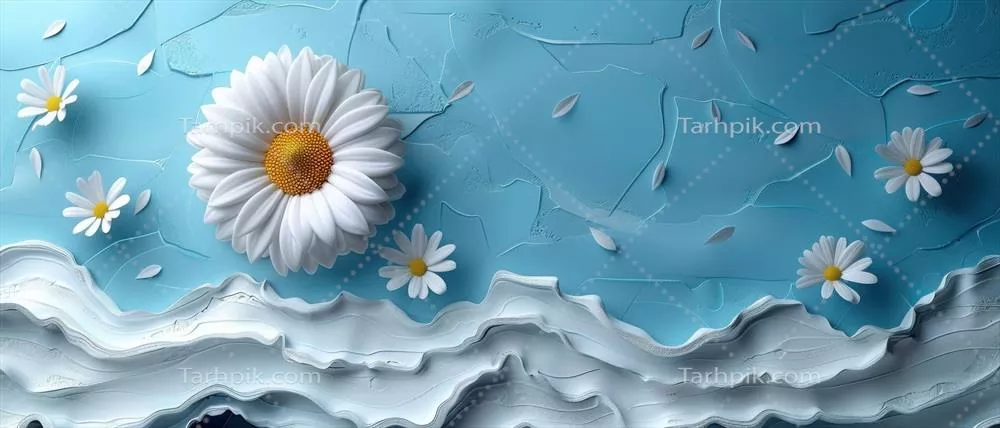 تری دی انتزاعی از گل‌های مرواریدی سفید بر روی زمینه آبی با اثر کاغذی لایه‌ای