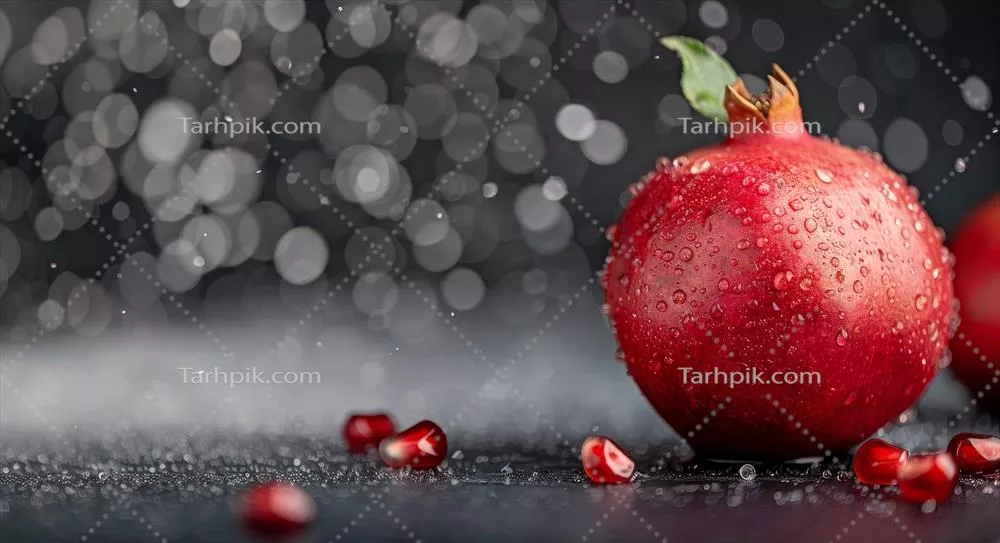 انار تازه بر روی سطح تیره با قطرات آب و پس زمینه درخشان
