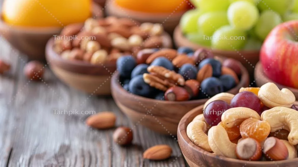 نمایش میوهها و آجیلهای تازه در کاسههای چوبی بر روی میز روستایی