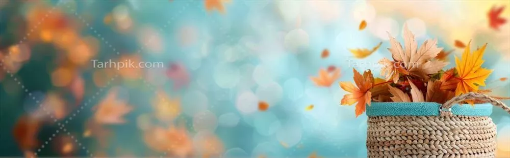 سقوط برگ‌های پاییزی از سبد بر روی زمینه آبی ملایم